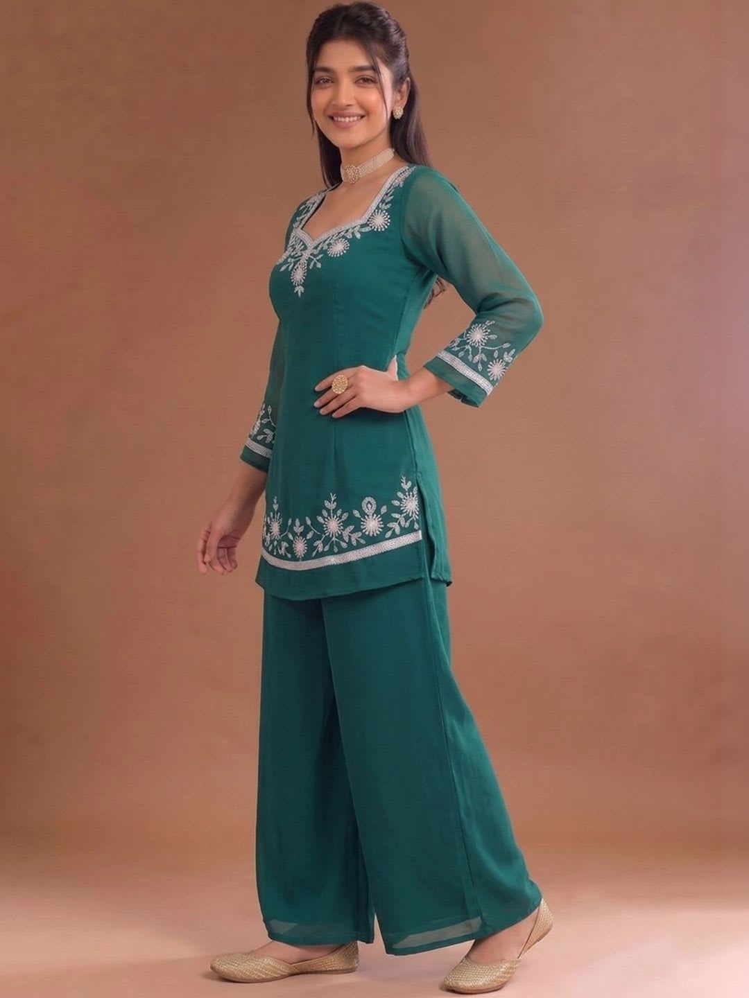 Varanga Women Ethnic Motifs Embroidered Regular Thread Work Kurta with Palazzos & With Dupatta - right view