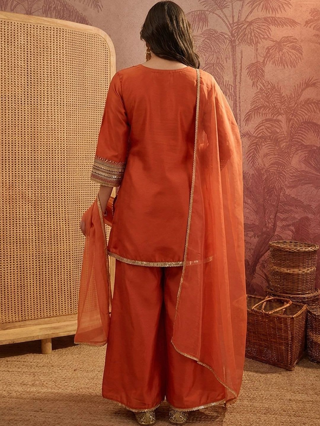 NAVYAAZRI Women Ethnic Motifs Embroidered Regular Mirror Work Silk Crepe Kurta with Palazzos & With Dupatta - back view