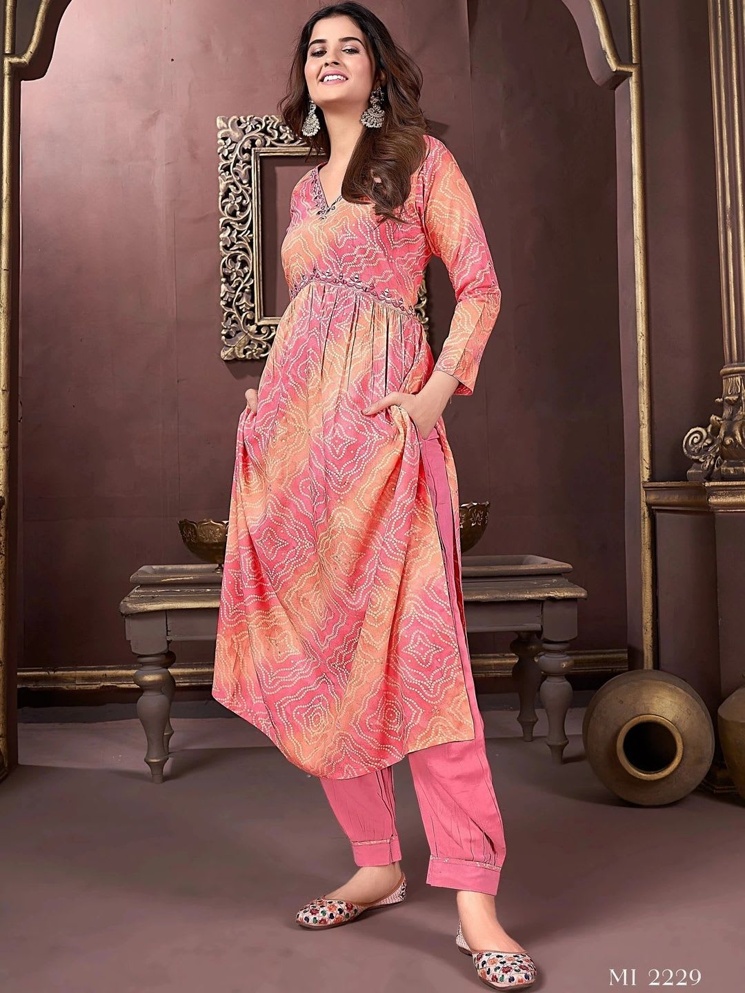 AKVFash Women Bandhani Printed Empire Mirror Work Kurta with Trousers & With Dupatta - back view