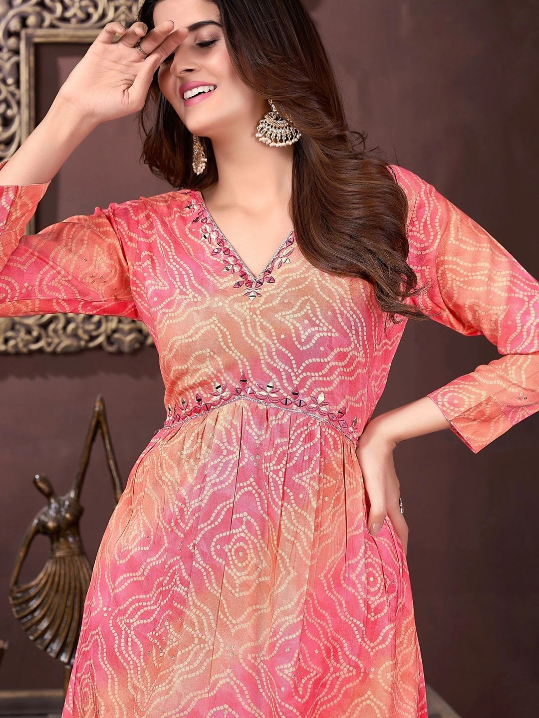 AKVFash Women Bandhani Printed Empire Mirror Work Kurta with Trousers & With Dupatta - right view