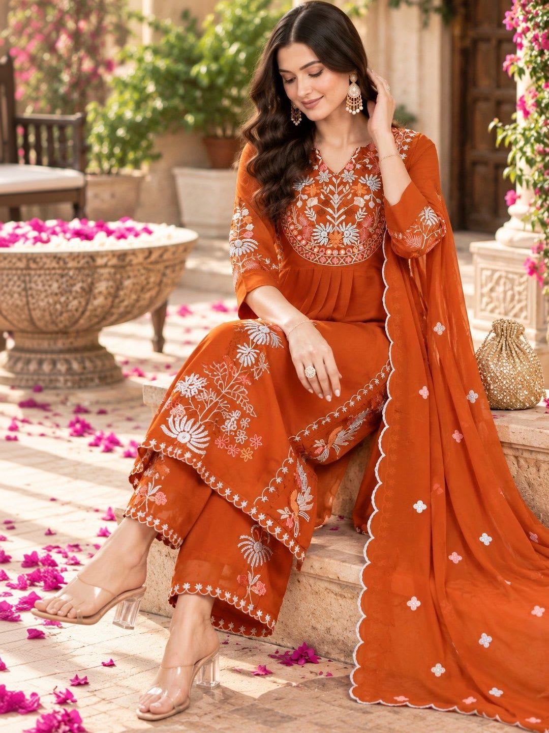KALINI Women Ethnic Motifs Embroidered Regular Thread Work Kurta with Palazzos & With Dupatta - left view