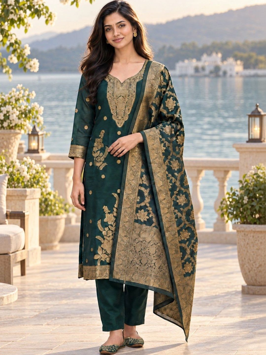Mitera Women Ethnic Motifs Embroidered Regular Kurta with Trousers & With Dupatta - default view