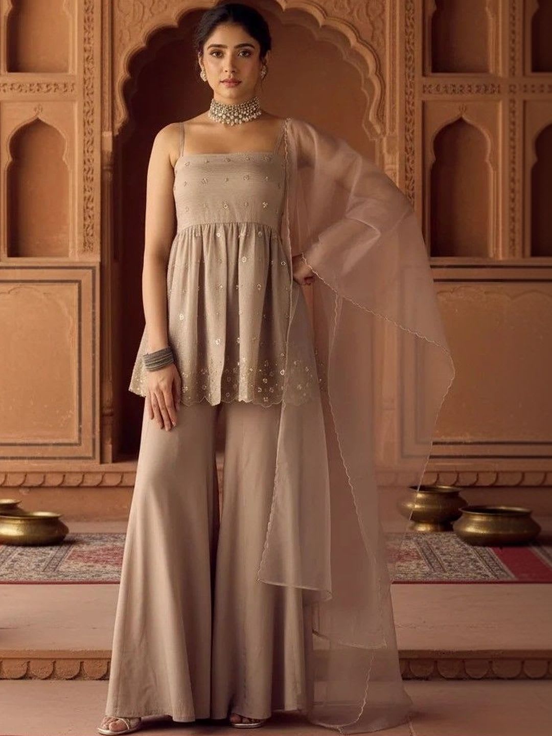 KALINI Women Empire Sequinned Kurti with Sharara & With Dupatta - right view
