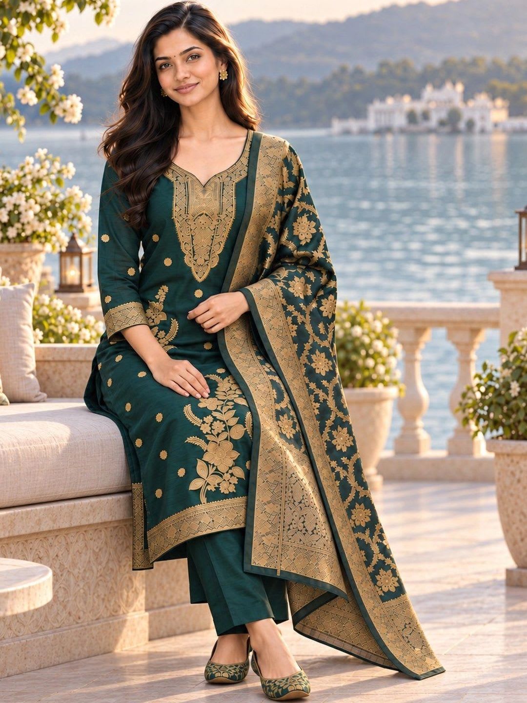 Mitera Women Ethnic Motifs Embroidered Regular Kurta with Trousers & With Dupatta - back view