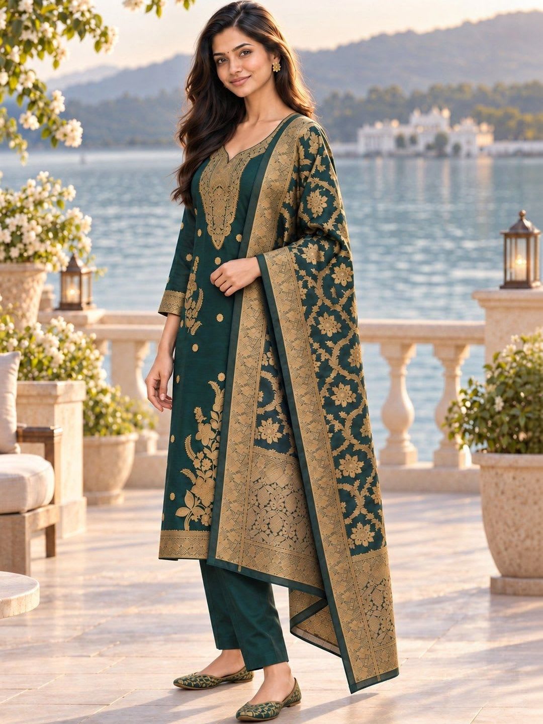 Mitera Women Ethnic Motifs Embroidered Regular Kurta with Trousers & With Dupatta - left view