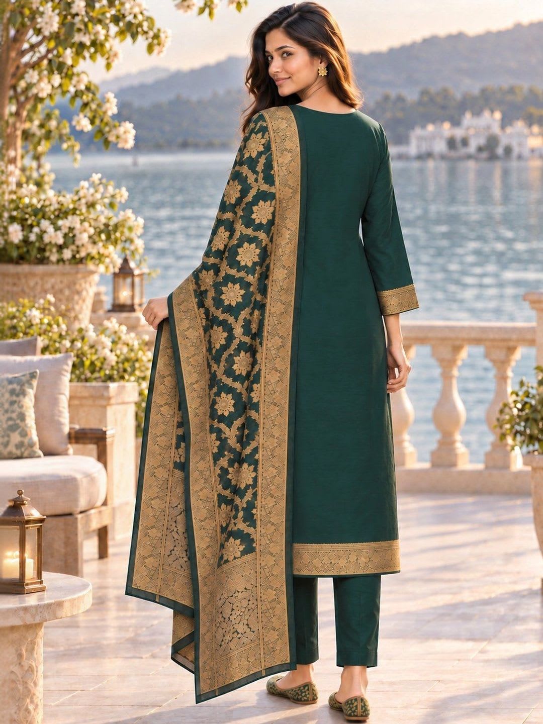 Mitera Women Ethnic Motifs Embroidered Regular Kurta with Trousers & With Dupatta - right view