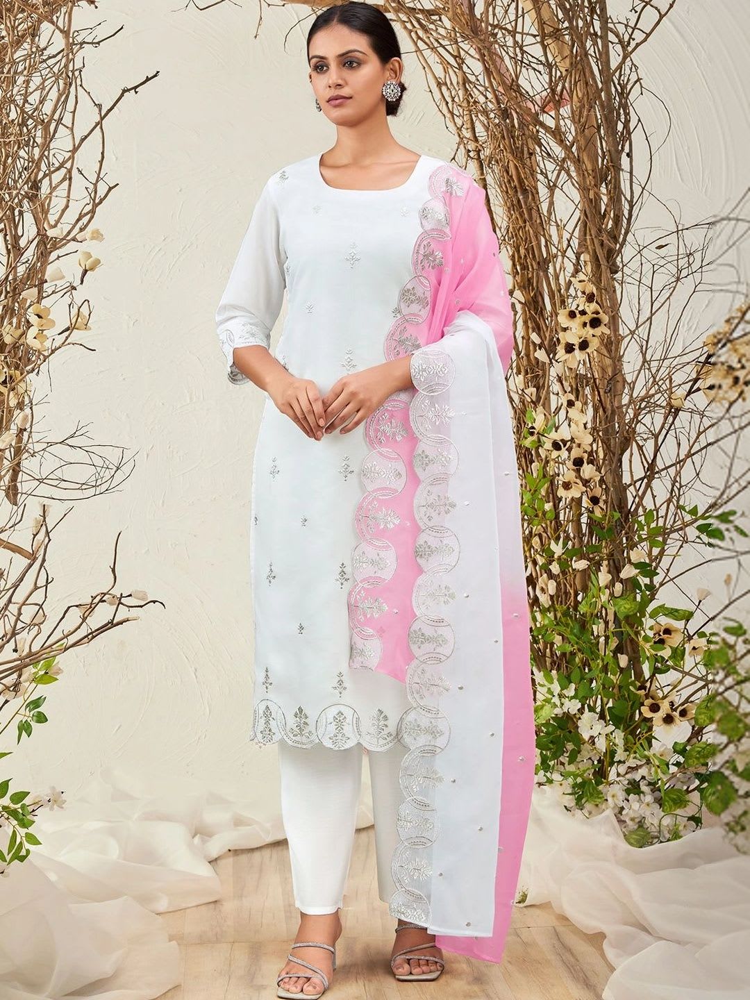 Indo Era Women Ethnic Motifs Embroidered Regular Thread Work Kurta with Trousers & With Dupatta - default view