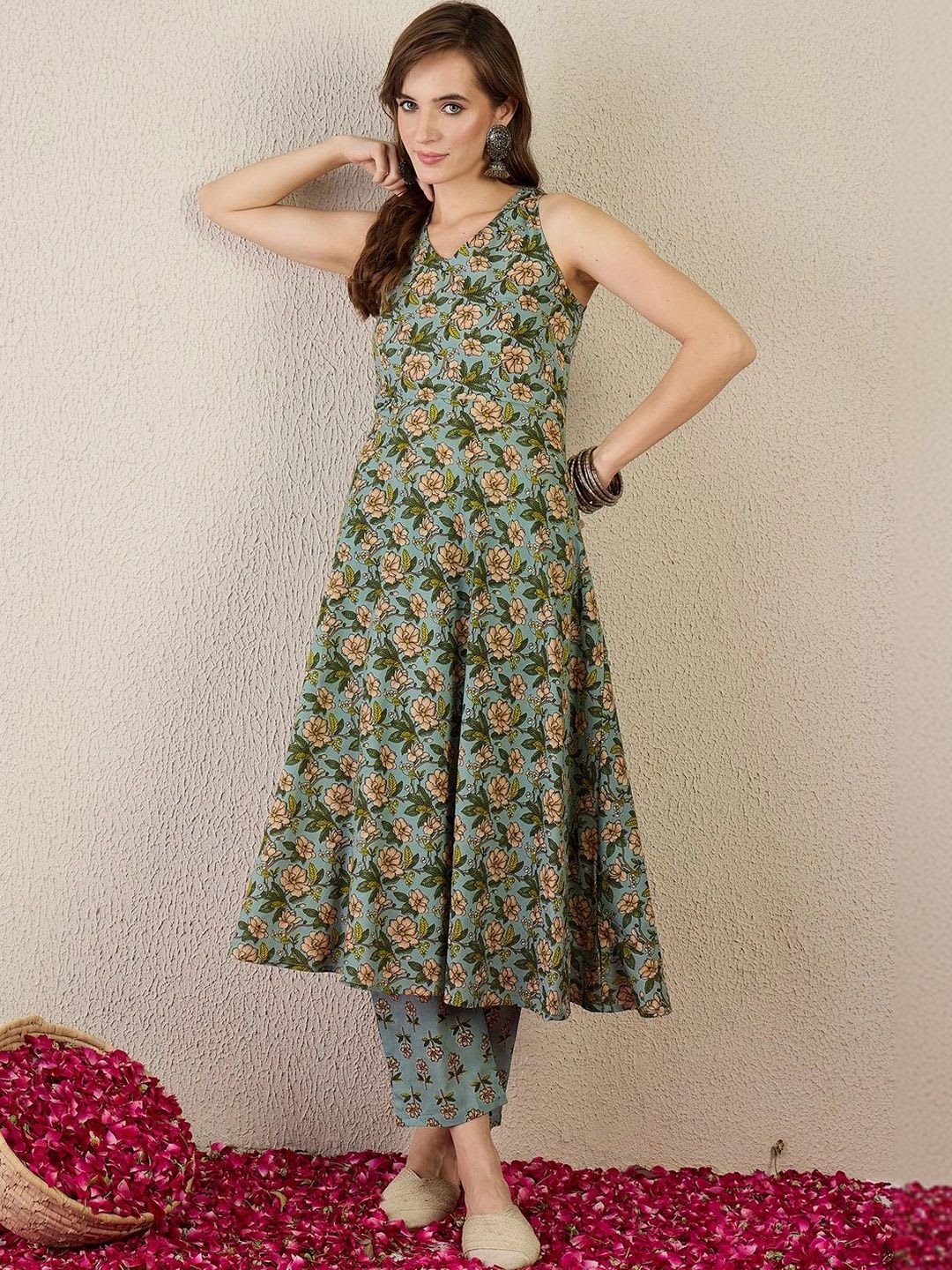 Indo Era Women Floral Printed Regular Pure Cotton Kurta with Trousers - default view