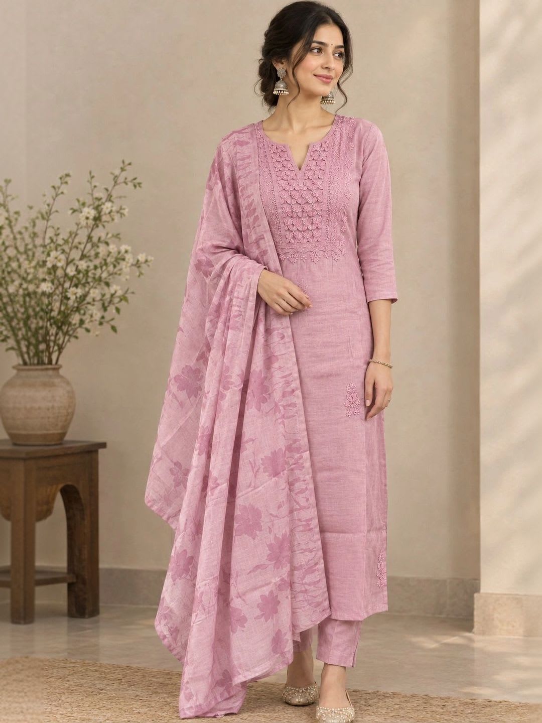 Miss fashion Women Floral Embroidered Regular Thread Work Kurta with Trousers & With Dupatta - default view