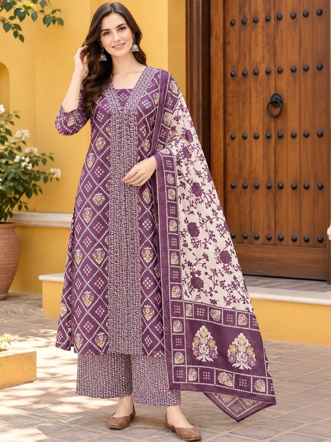 HIVA TRENDZ Women Ethnic Motifs Printed Regular Pure Cotton Kurta with Palazzos & With Dupatta - default view