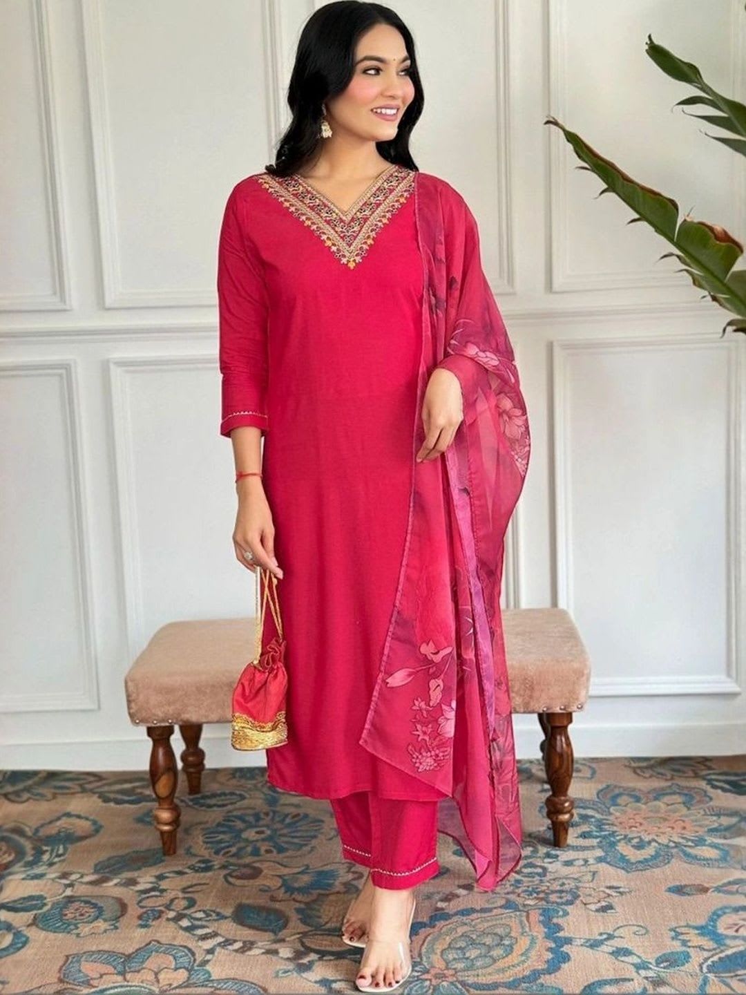 MENSAURA Women Ethnic Motifs Embroidered Regular Thread Work Kurta with Trousers & With Dupatta - default view