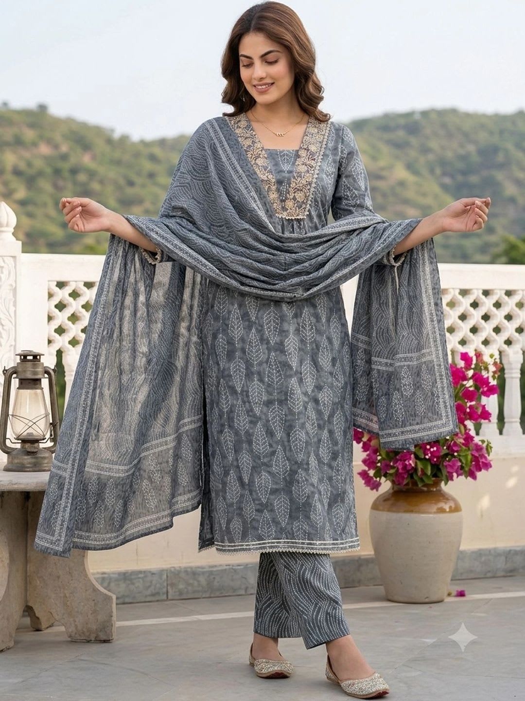 DanC MS Women Ethnic Motifs Printed Regular Thread Work Pure Cotton Kurta with Trousers & With Dupatta - right view