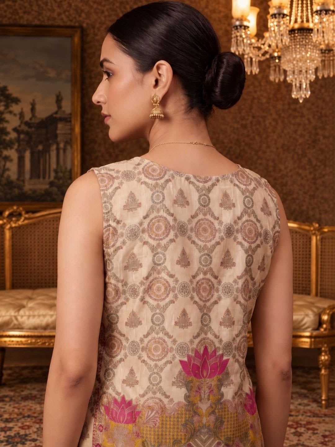 House of Pataudi Women Ethnic Motifs Printed Regular Silk Crepe Kurta with Palazzos - left view