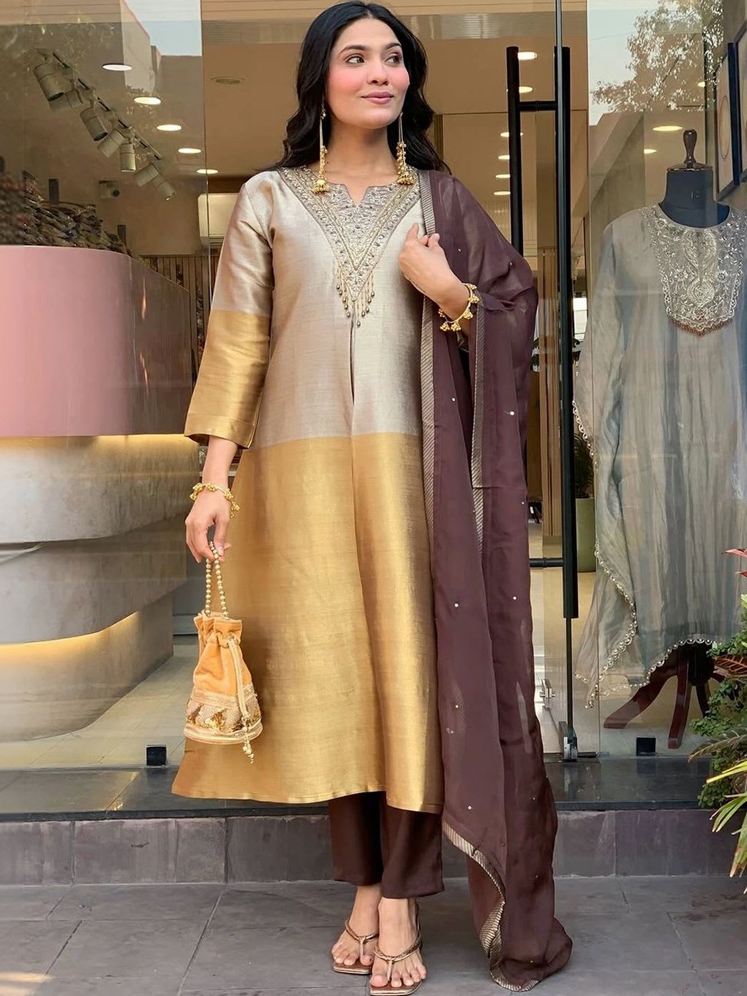 NAVYAAZRI Women Ethnic Motifs Embroidered Regular Pure Silk Kurta with Trousers & With Dupatta - default view