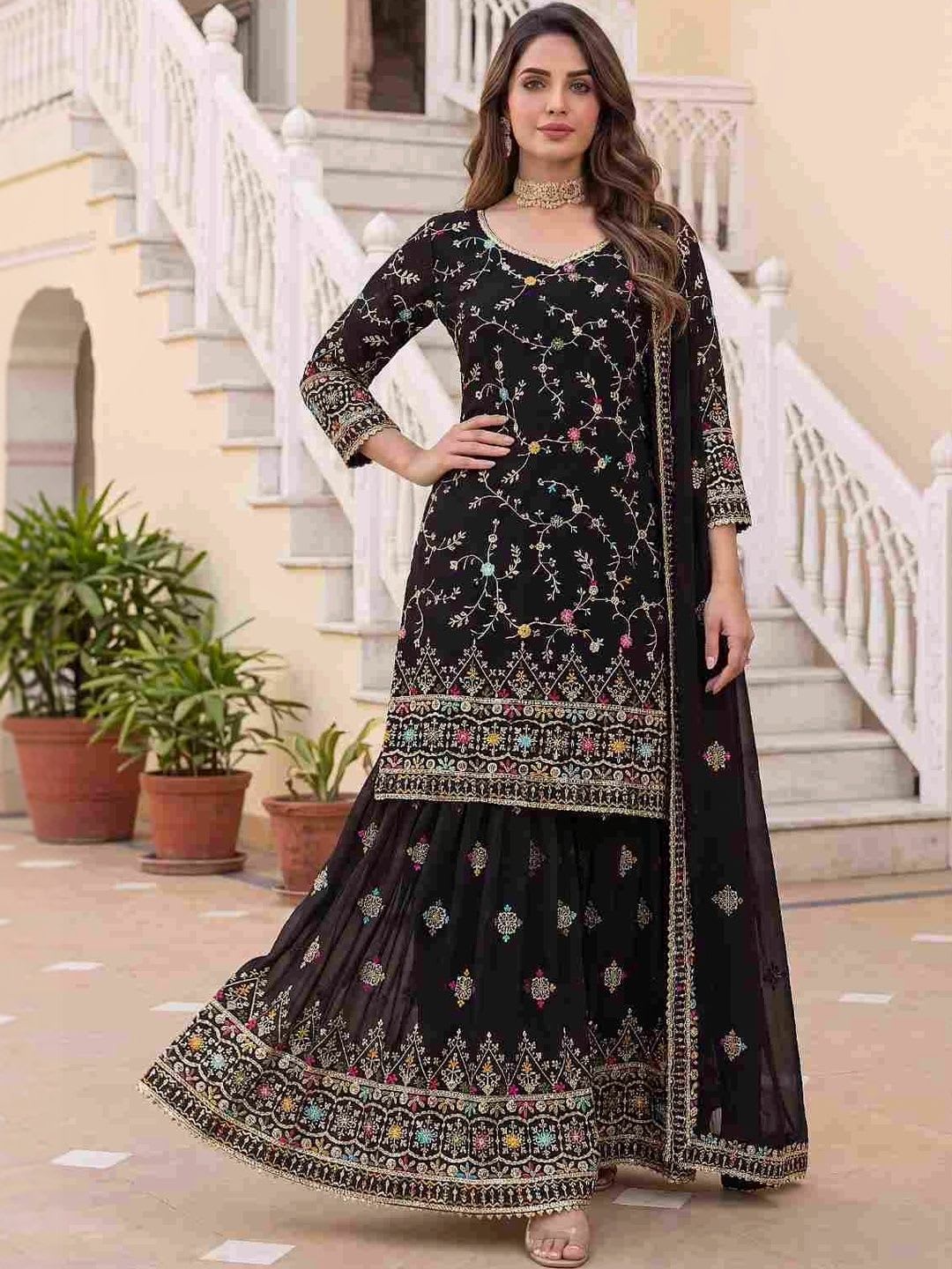 Moda Rapido Women Ethnic Motifs Embroidered Regular Thread Work Kurta with Sharara & With Dupatta - default view