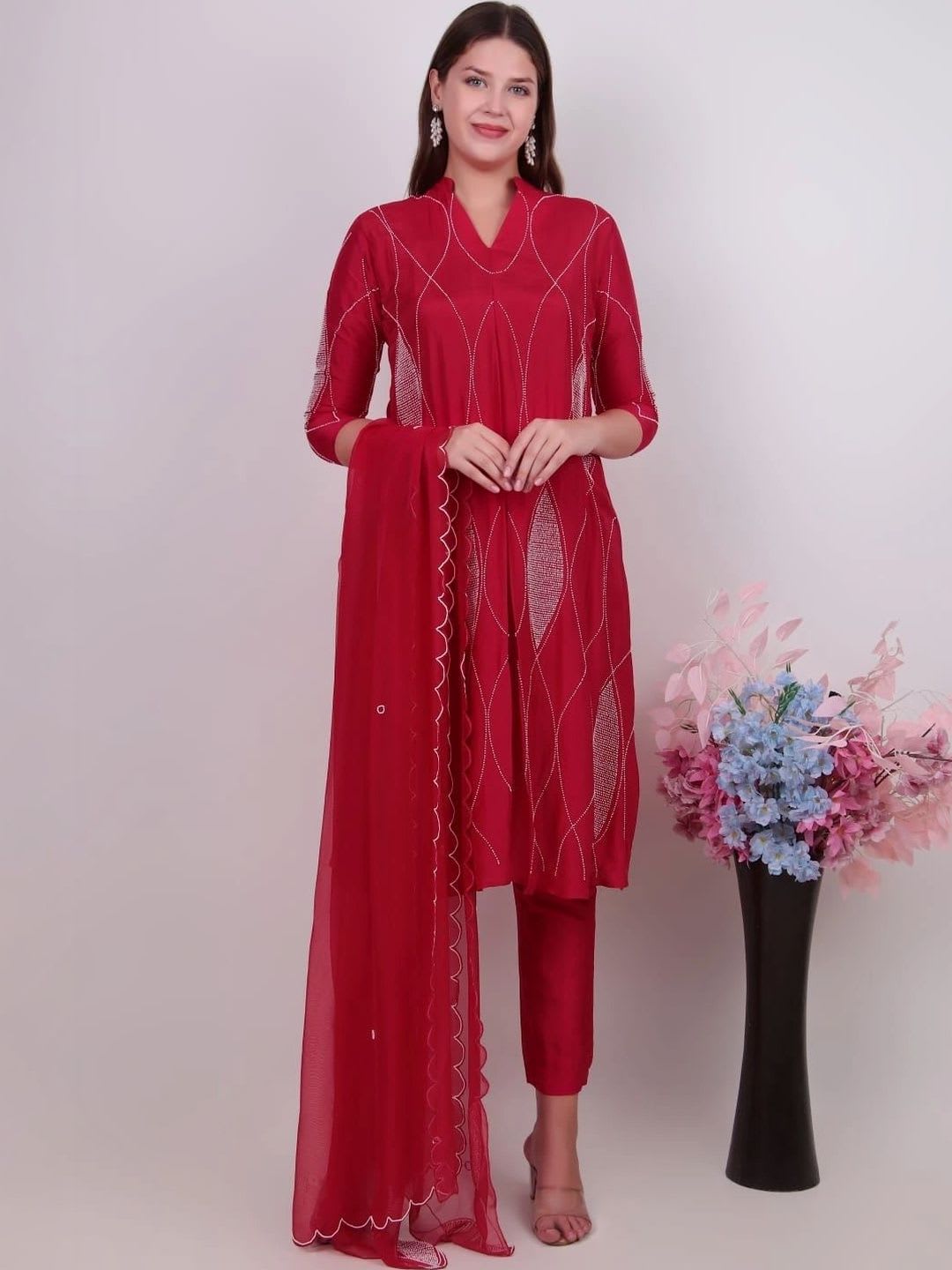 Meena Gupta Official Women Regular Sequinned Kurta with Trousers & With Dupatta - default view