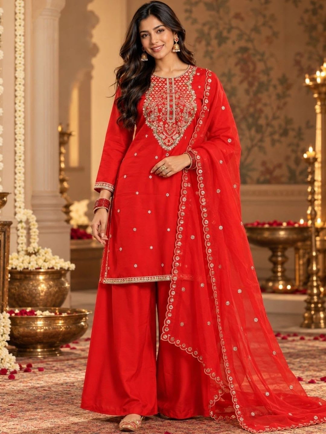 Blu Auraa Women Ethnic Motifs Embroidered Regular Kurta with Palazzos & With Dupatta - default view