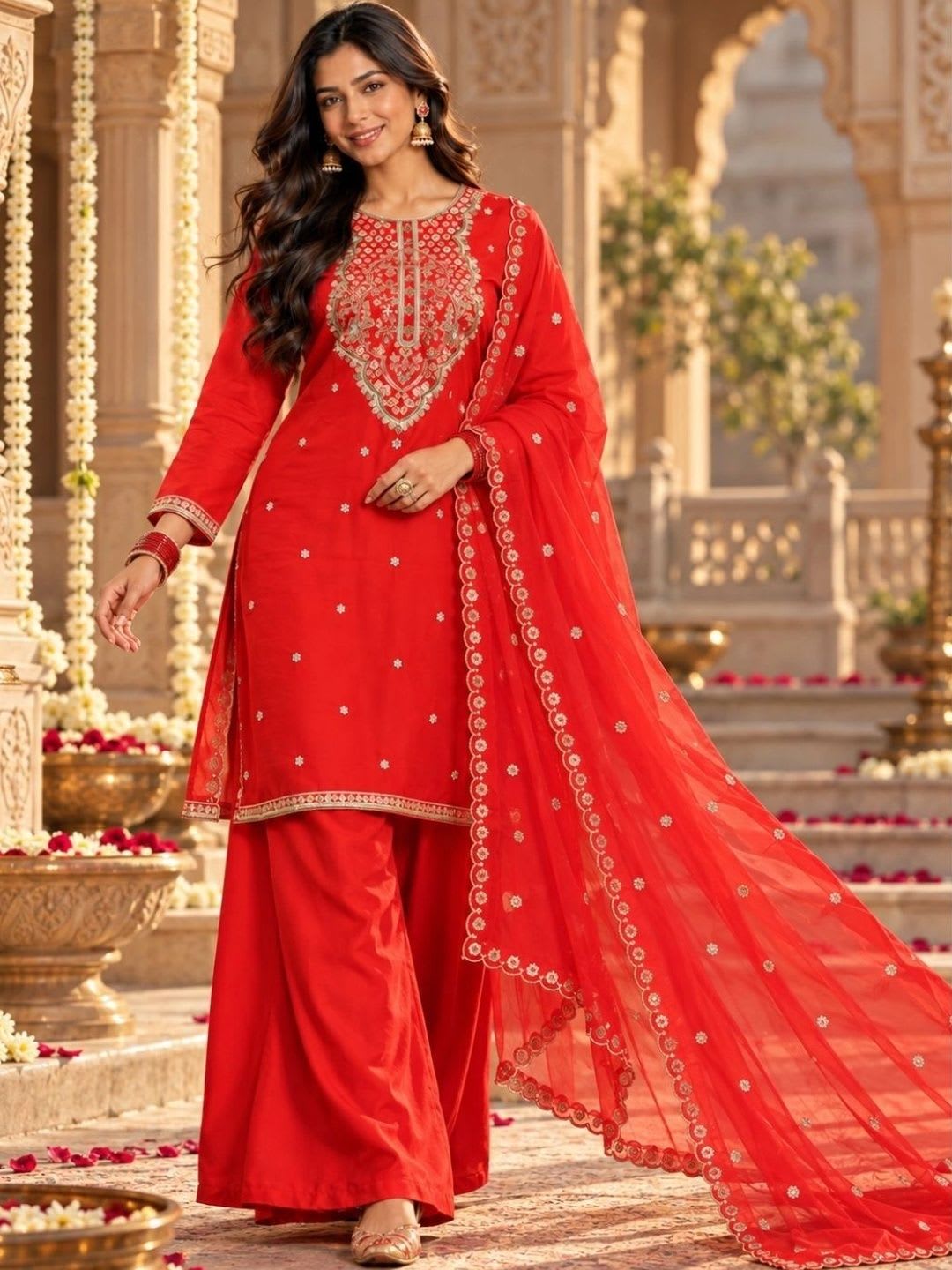 Blu Auraa Women Ethnic Motifs Embroidered Regular Kurta with Palazzos & With Dupatta - left view
