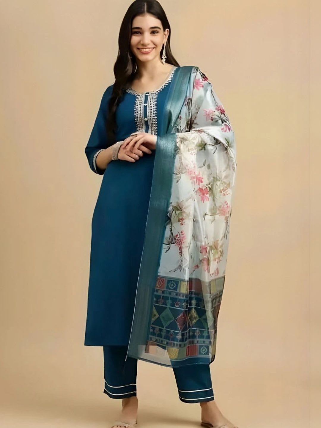 AKVFash Women Ethnic Motifs Embroidered Regular Kurta with Trousers & With Dupatta - default view