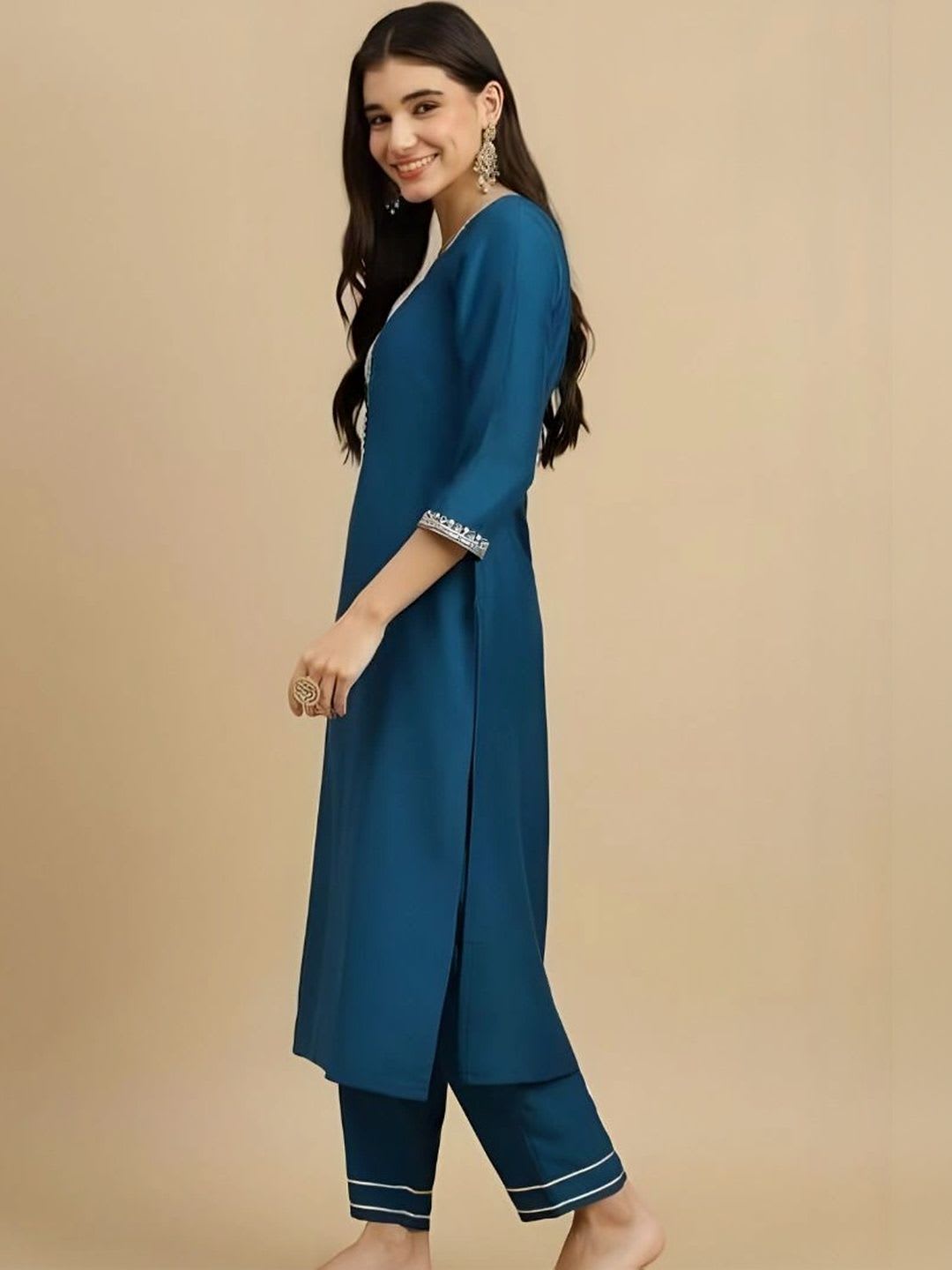 AKVFash Women Ethnic Motifs Embroidered Regular Kurta with Trousers & With Dupatta - back view