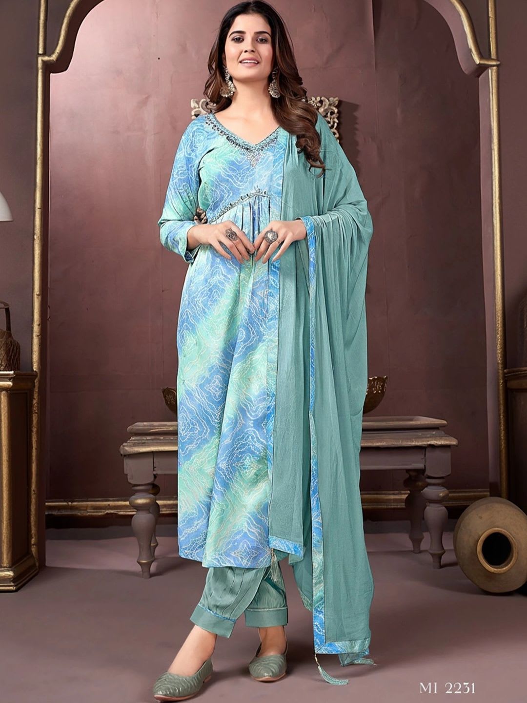 Mui Women Printed Empire Thread Work Kurta with Trousers & With Dupatta - default view