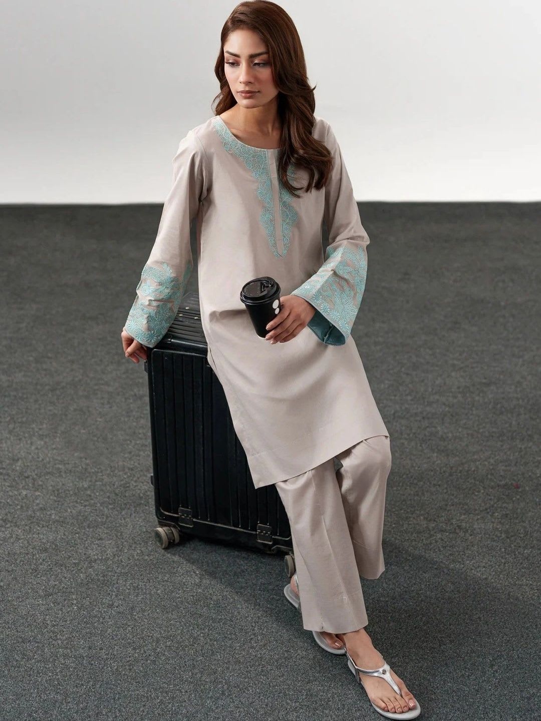 SHOPLANCE Women Ethnic Motifs Embroidered Regular Thread Work Chanderi Silk Kurta with Trousers - default view