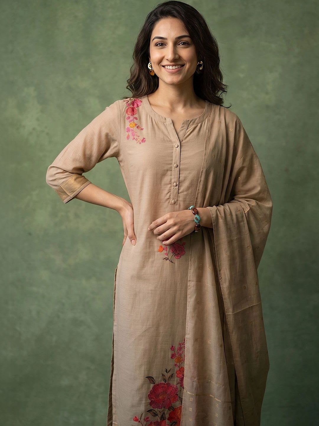 Libas Women Floral Printed Regular Kurta with Trousers & With Dupatta - left view