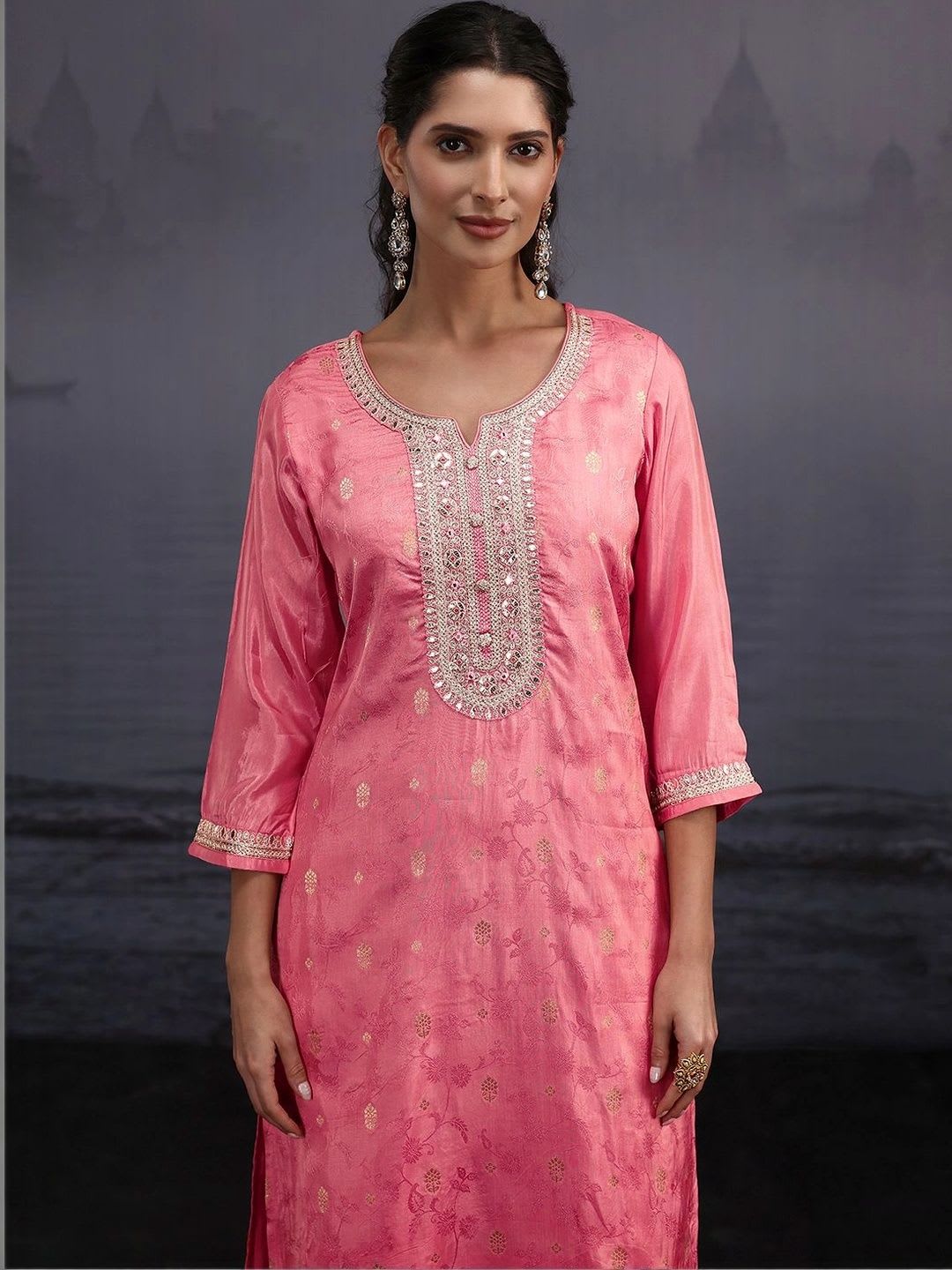 Libas Women Ethnic Motifs Regular Mirror Work Kurta with Trousers & With Dupatta - back view