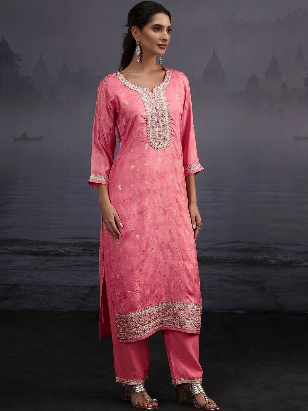Libas Women Ethnic Motifs Regular Mirror Work Kurta with Trousers & With Dupatta - left view