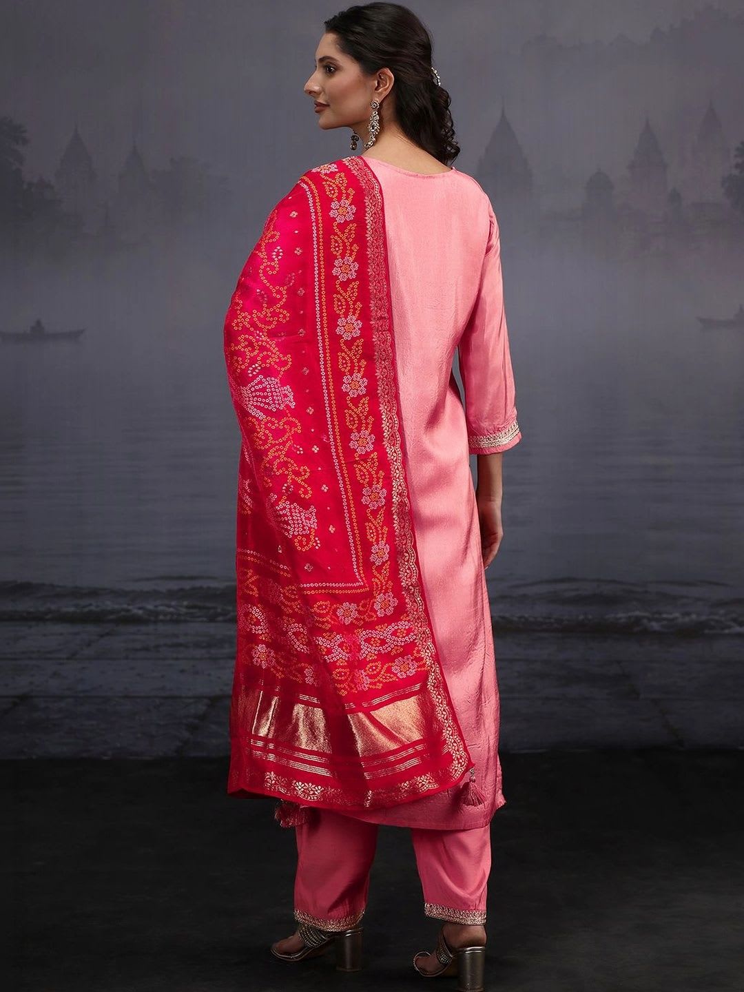 Libas Women Ethnic Motifs Regular Mirror Work Kurta with Trousers & With Dupatta - right view
