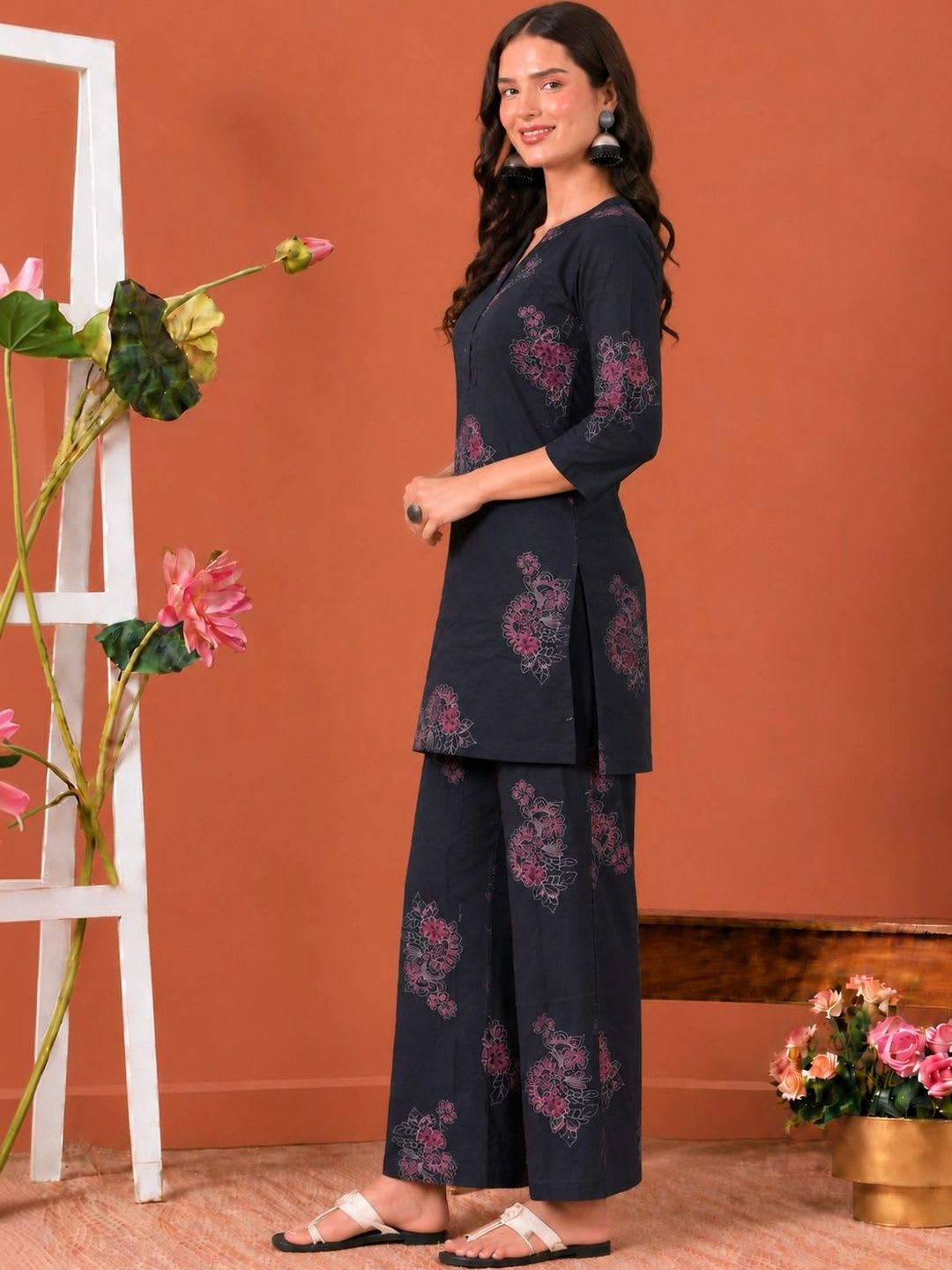 HERE&NOW Women Ethnic Motifs Printed Regular Pure Cotton Kurta with Palazzos - back view