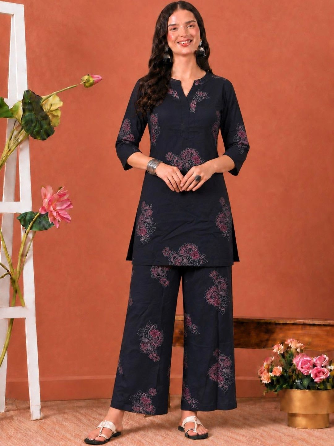 HERE&NOW Women Ethnic Motifs Printed Regular Pure Cotton Kurta with Palazzos - default view