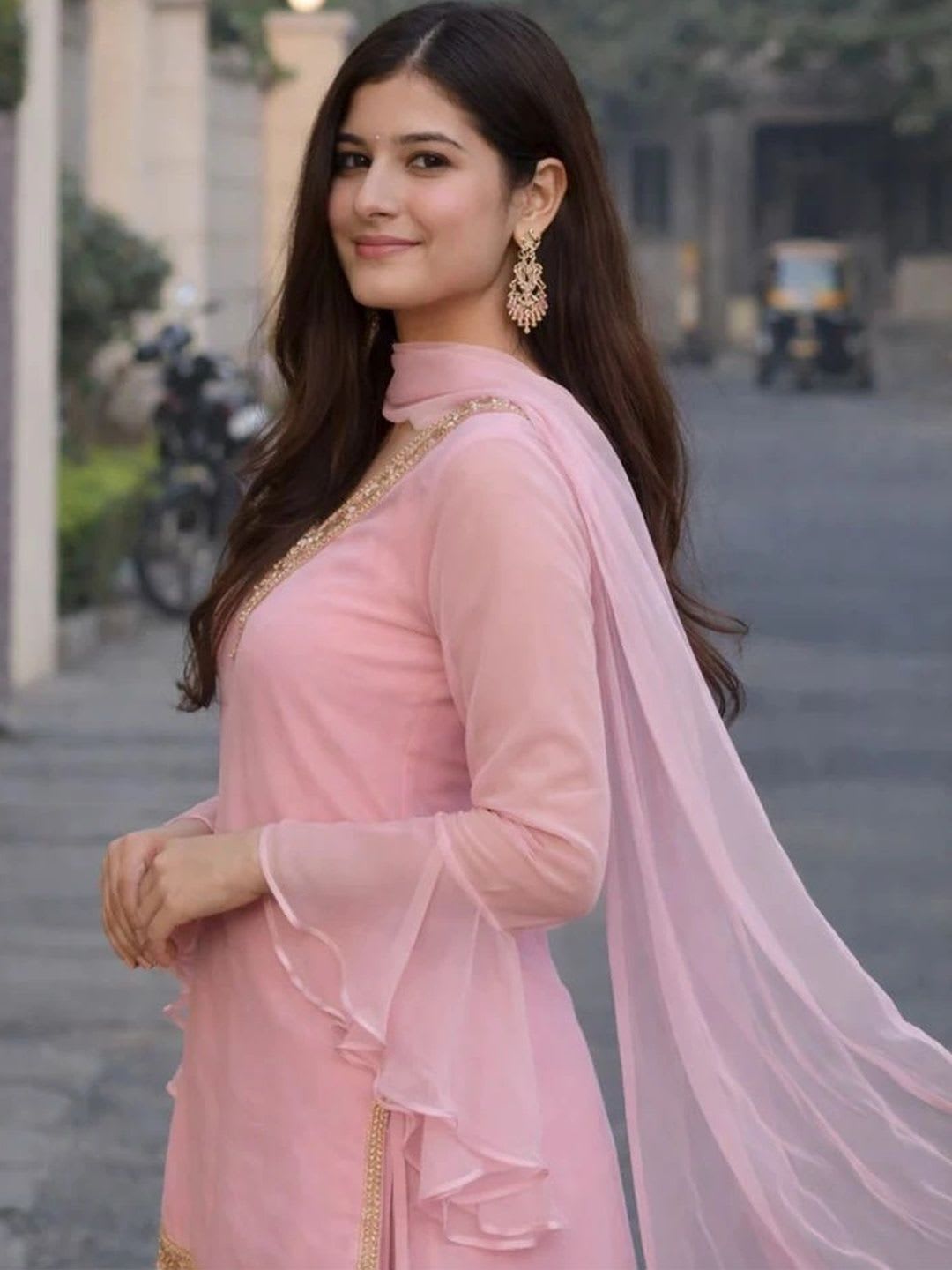 AKVFash Women Embroidered Regular Kurti with Palazzos & With Dupatta - back view