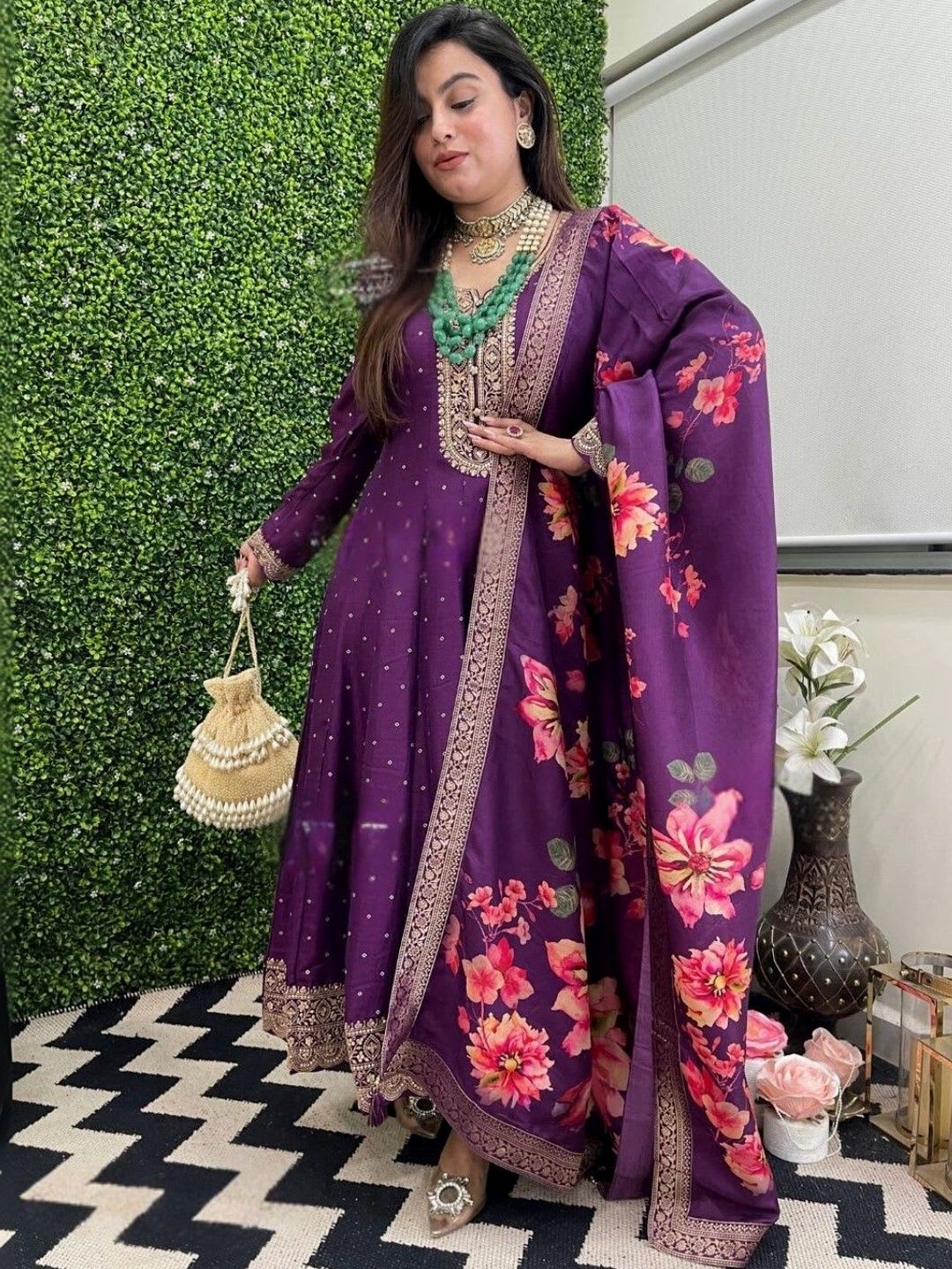 HERE&NOW Women Floral Printed Angrakha Thread Work Kurta with Trousers & With Dupatta - default view
