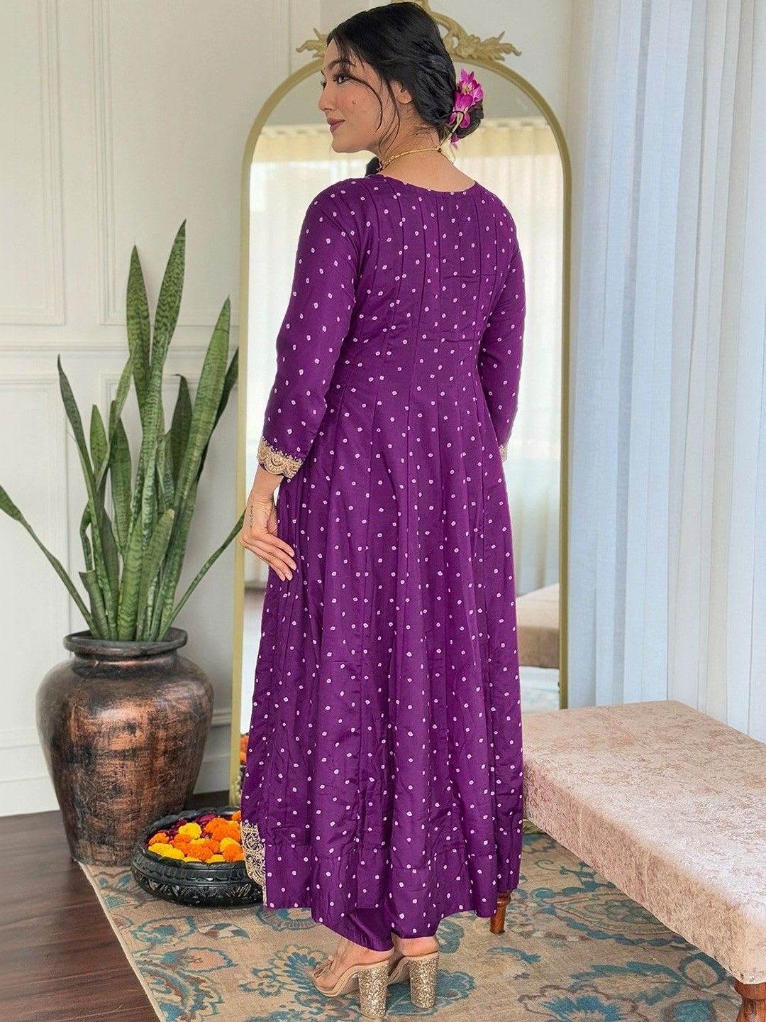 HERE&NOW Women Floral Printed Angrakha Thread Work Kurta with Trousers & With Dupatta - right view