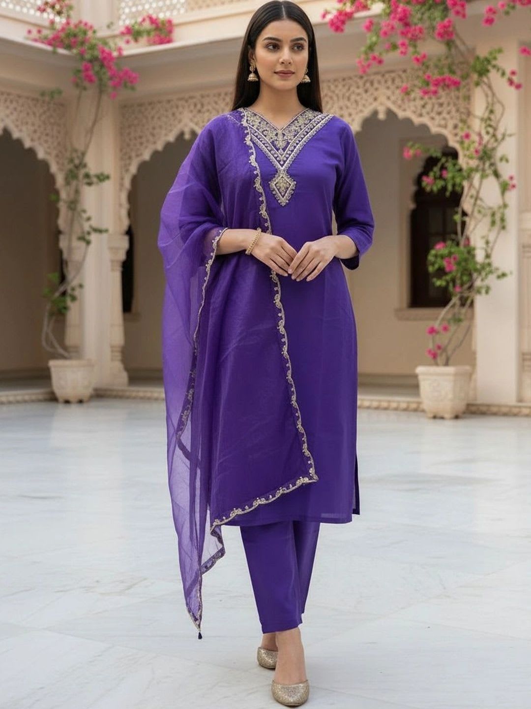 MENSAURA Women Ethnic Motifs Embroidered Regular Kurta with Trousers & With Dupatta - default view