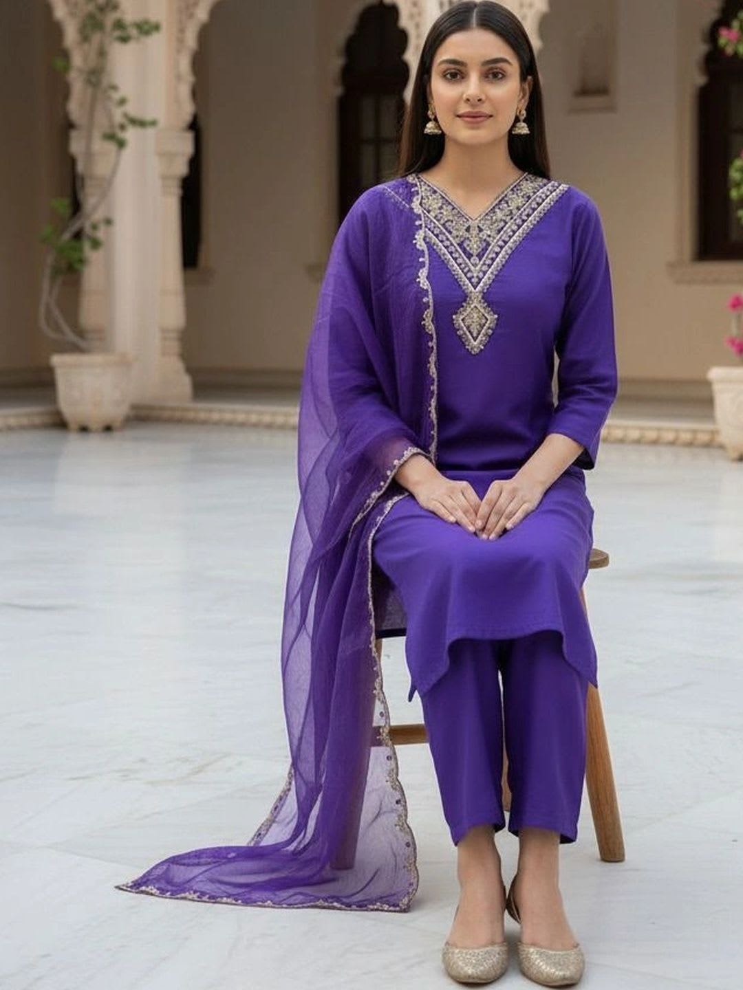 MENSAURA Women Ethnic Motifs Embroidered Regular Kurta with Trousers & With Dupatta - left view