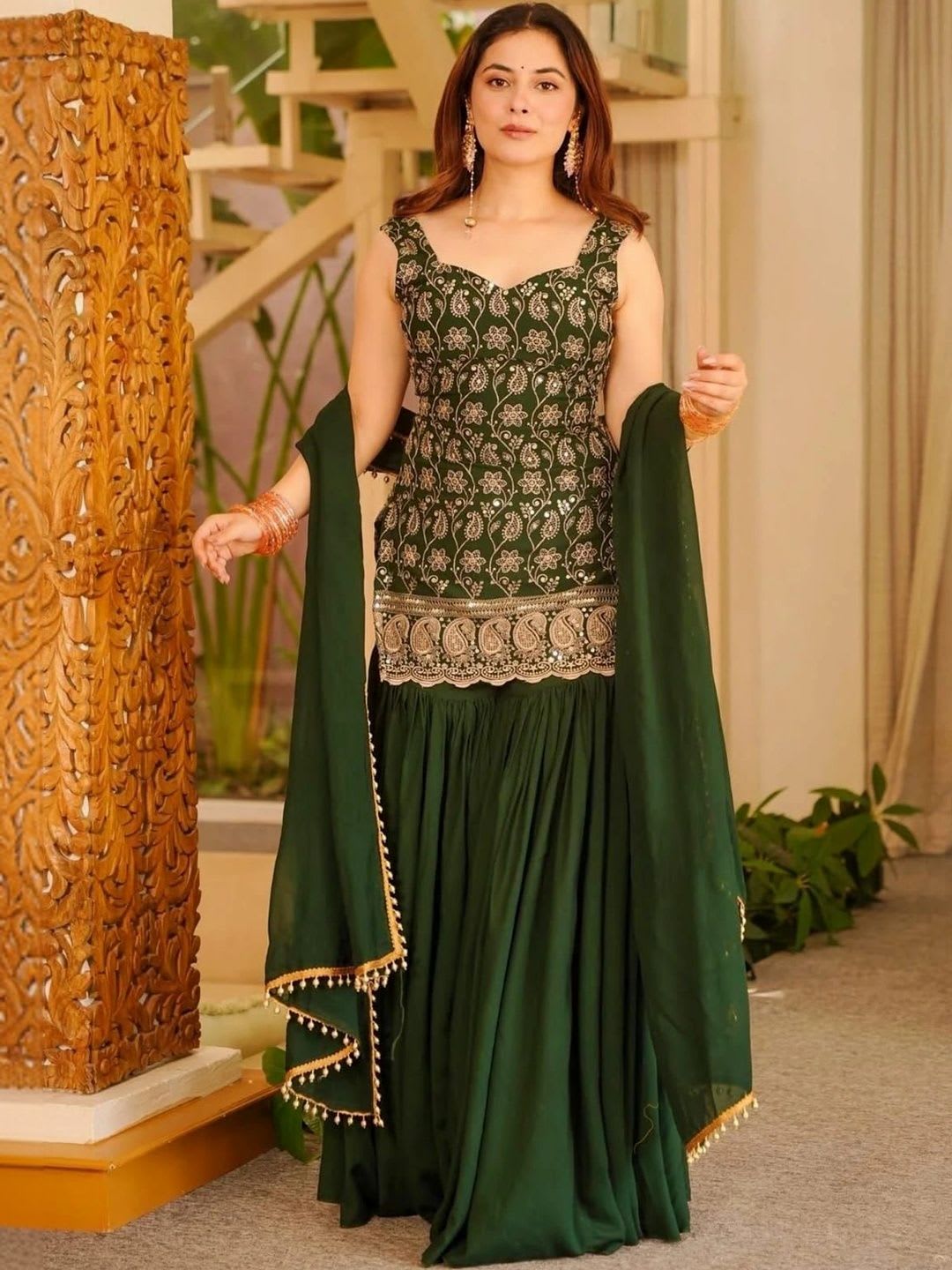 plothah Women Ethnic Motifs Embroidered Regular Thread Work Silk Crepe Kurti with Sharara & With Dupatta - default view