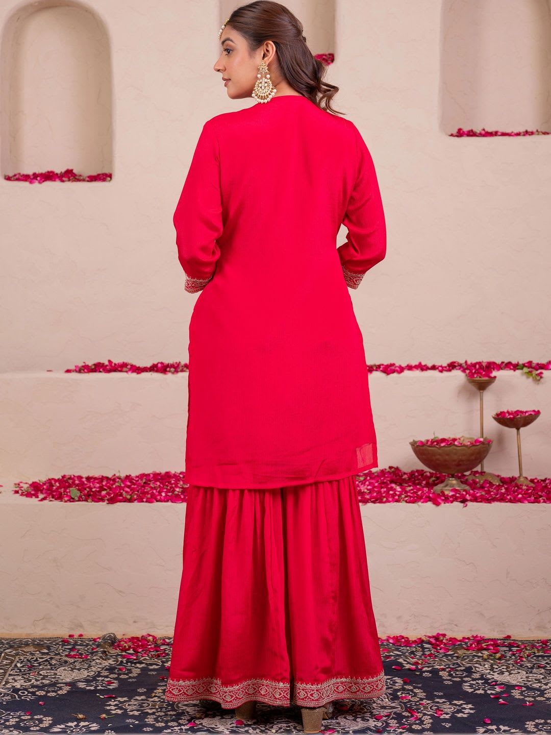 Aramya Women Ethnic Motifs Embroidered Regular Thread Work Kurta with Sharara & With Dupatta - back view