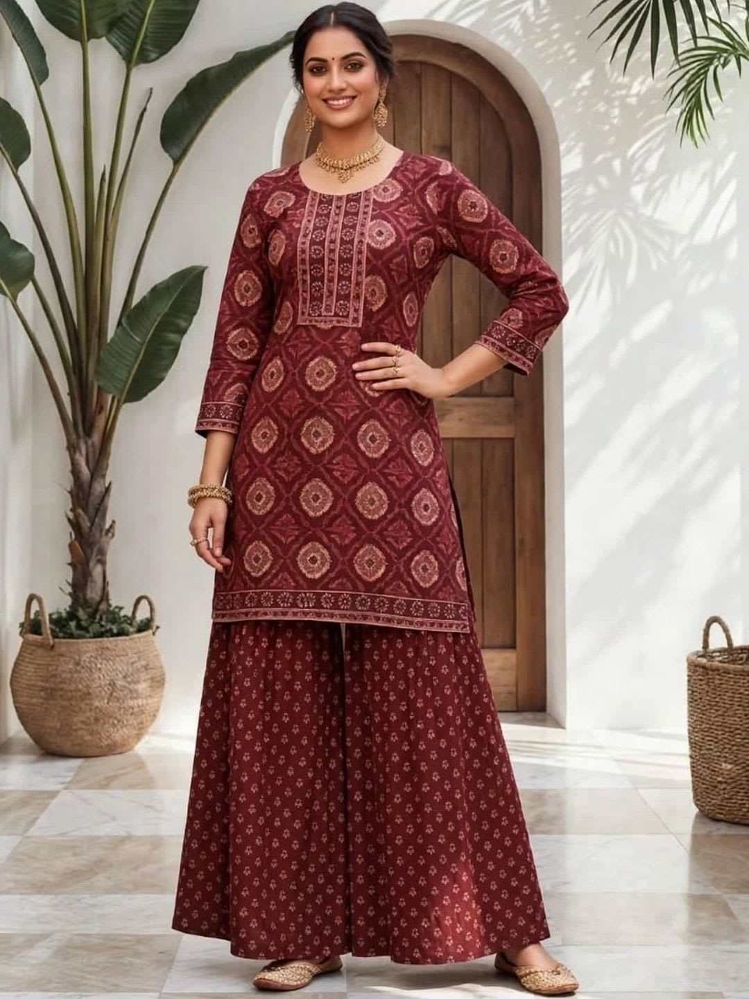Sangria Women Ethnic Motifs Printed Regular Pure Cotton Kurta with Sharara & With Dupatta - back view