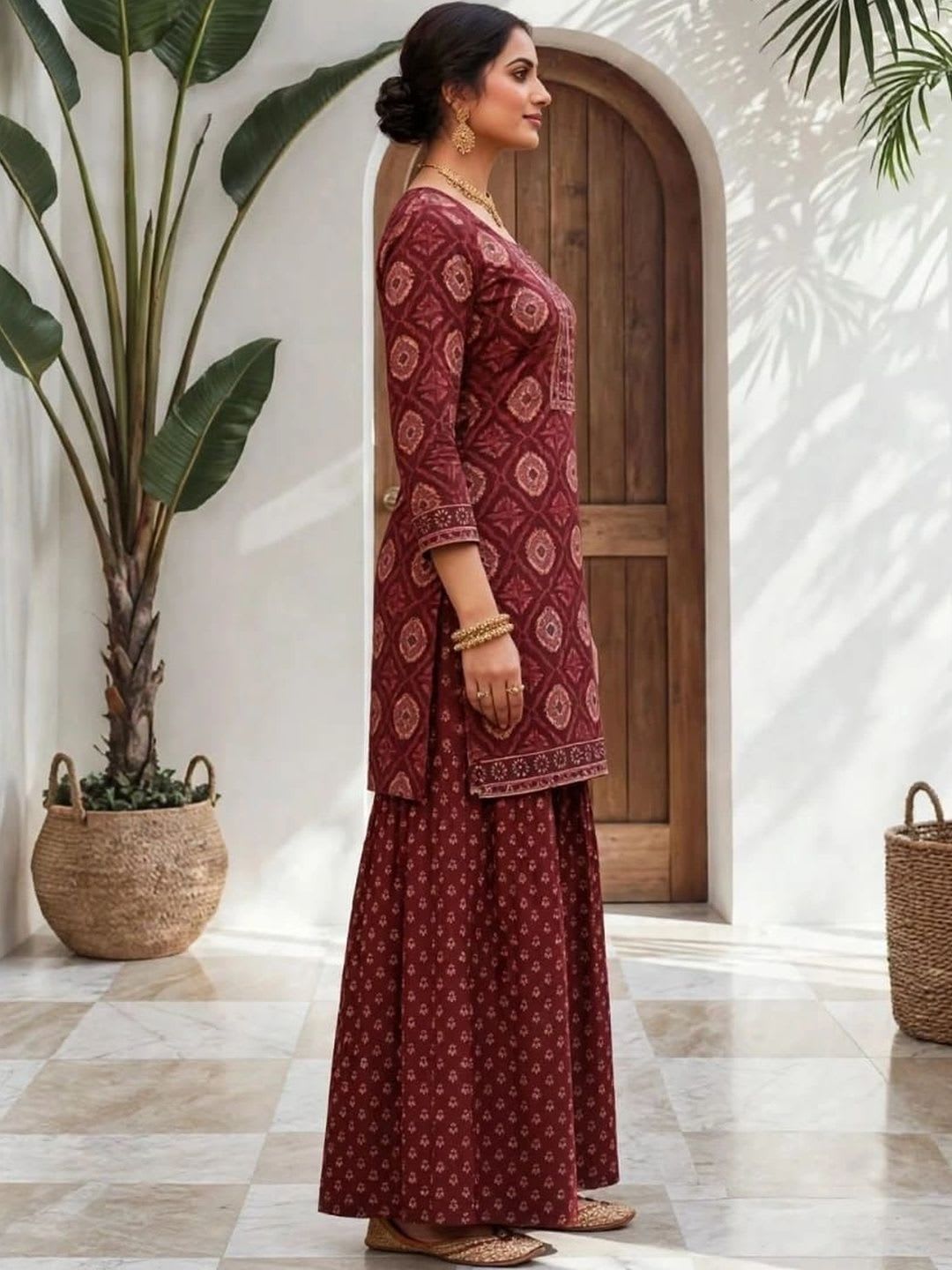 Sangria Women Ethnic Motifs Printed Regular Pure Cotton Kurta with Sharara & With Dupatta - left view
