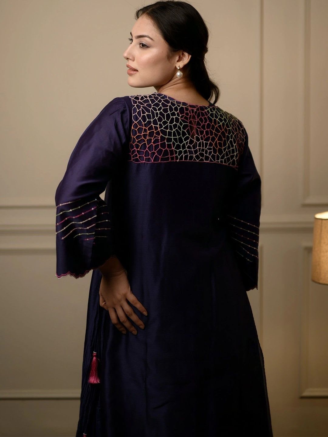 House of Saasha Women Ethnic Motifs Embroidered Angrakha Thread Work Chanderi Silk Kurta with Trousers - right view