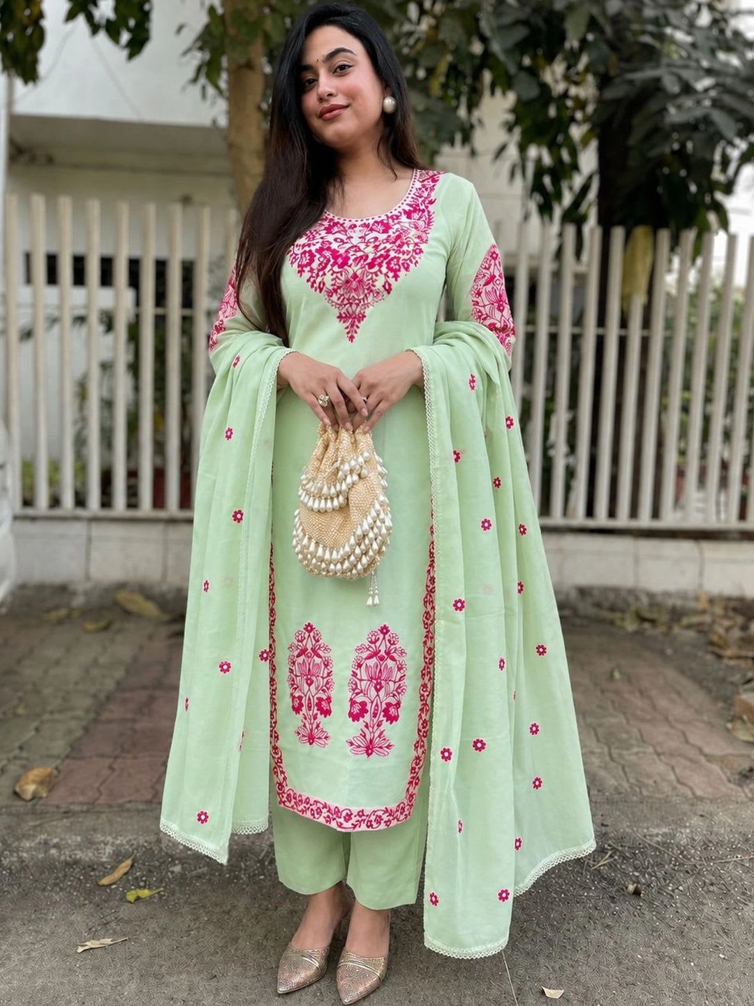 GoSriKi Women Embroidered Regular Kurta with Trousers & With Dupatta - default view