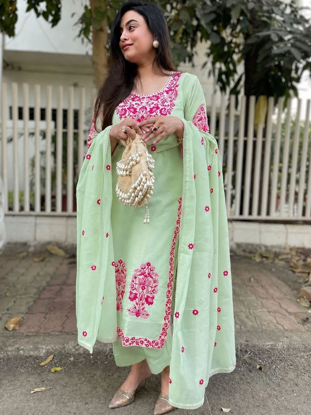 GoSriKi Women Embroidered Regular Kurta with Trousers & With Dupatta - left view