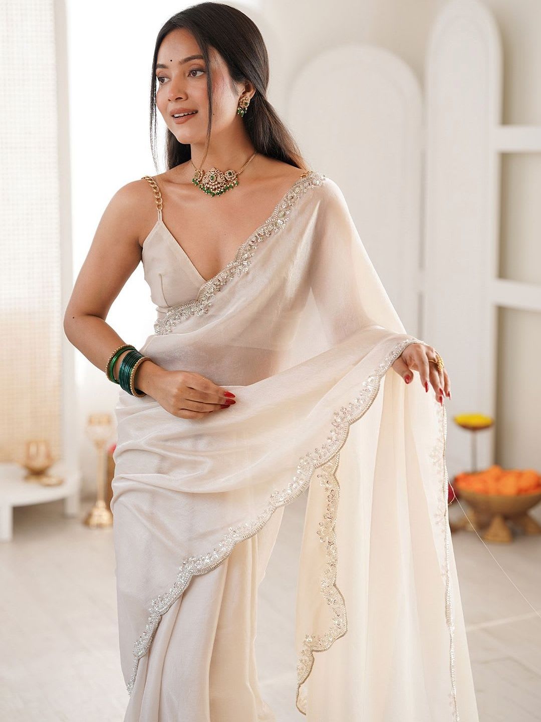 Anouk Embellished Sequinned Satin Heavy Work Saree - default view