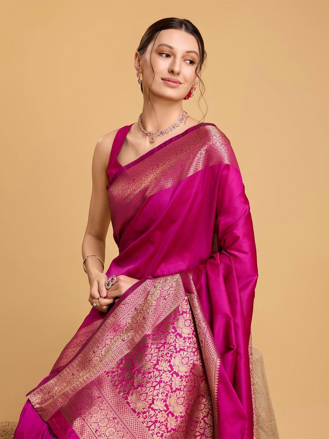 House Of Pataudi Woven Embellished Art Silk Kanjivaram Pink Saree - default view