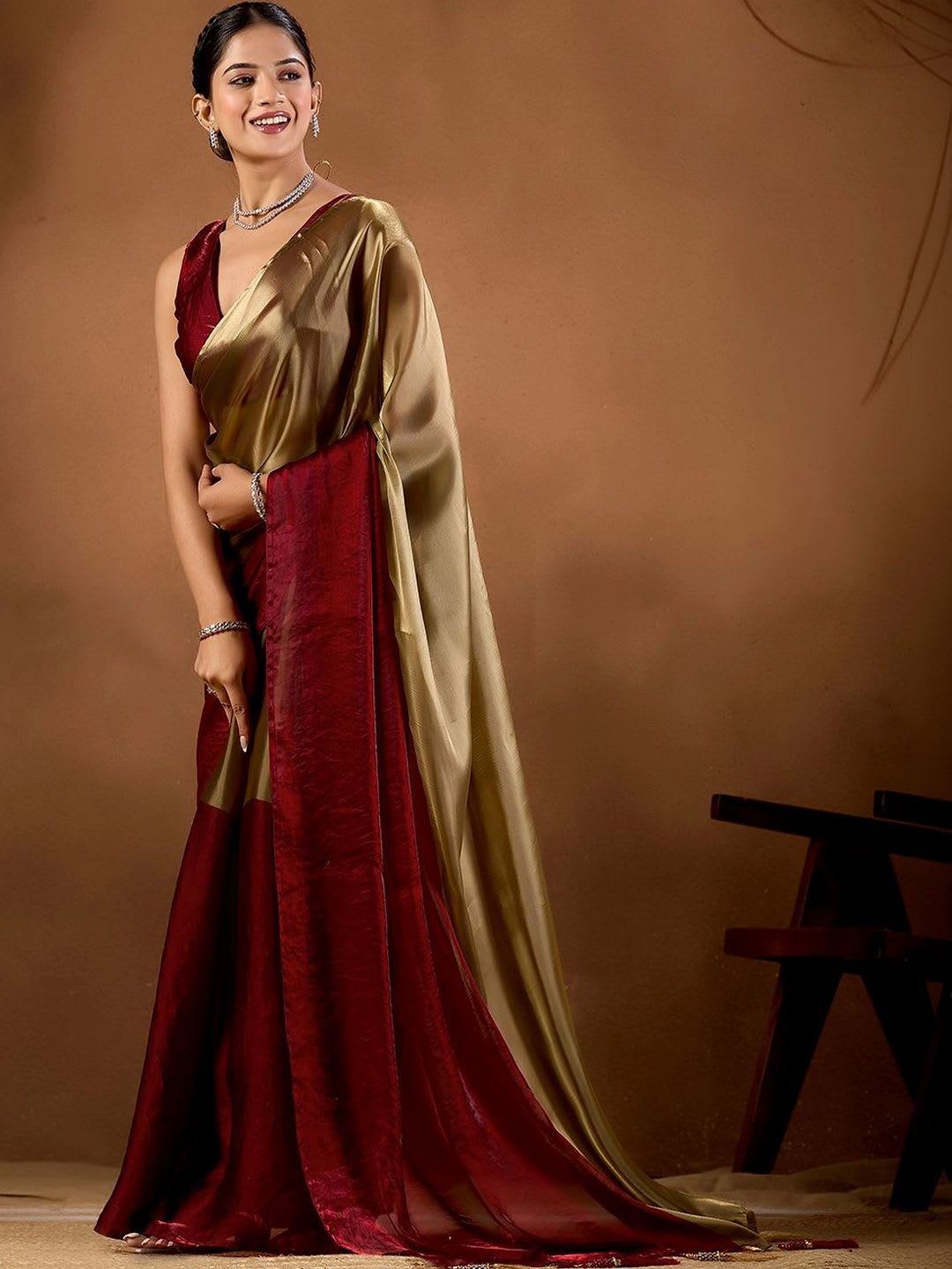 house of kk Women's Gold & Maroon Dual Tone Satin Saree with Patch Work - default view