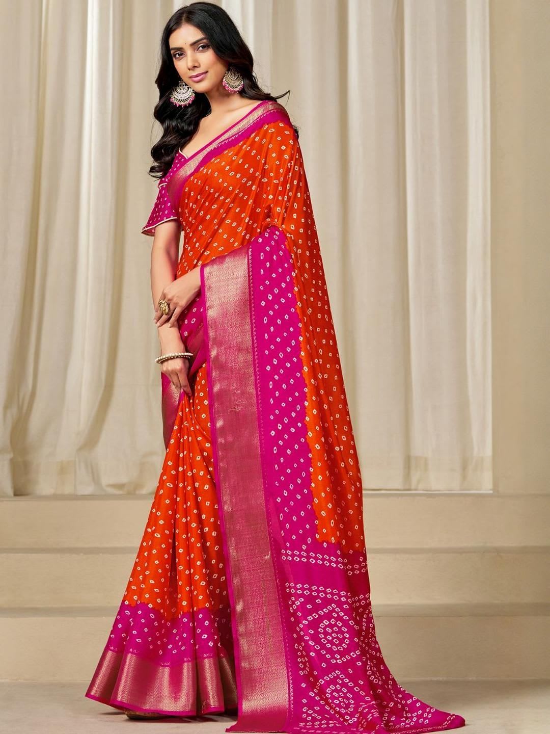 Kalini Women Dola Silk Bandhani Print Zari border Saree - back view