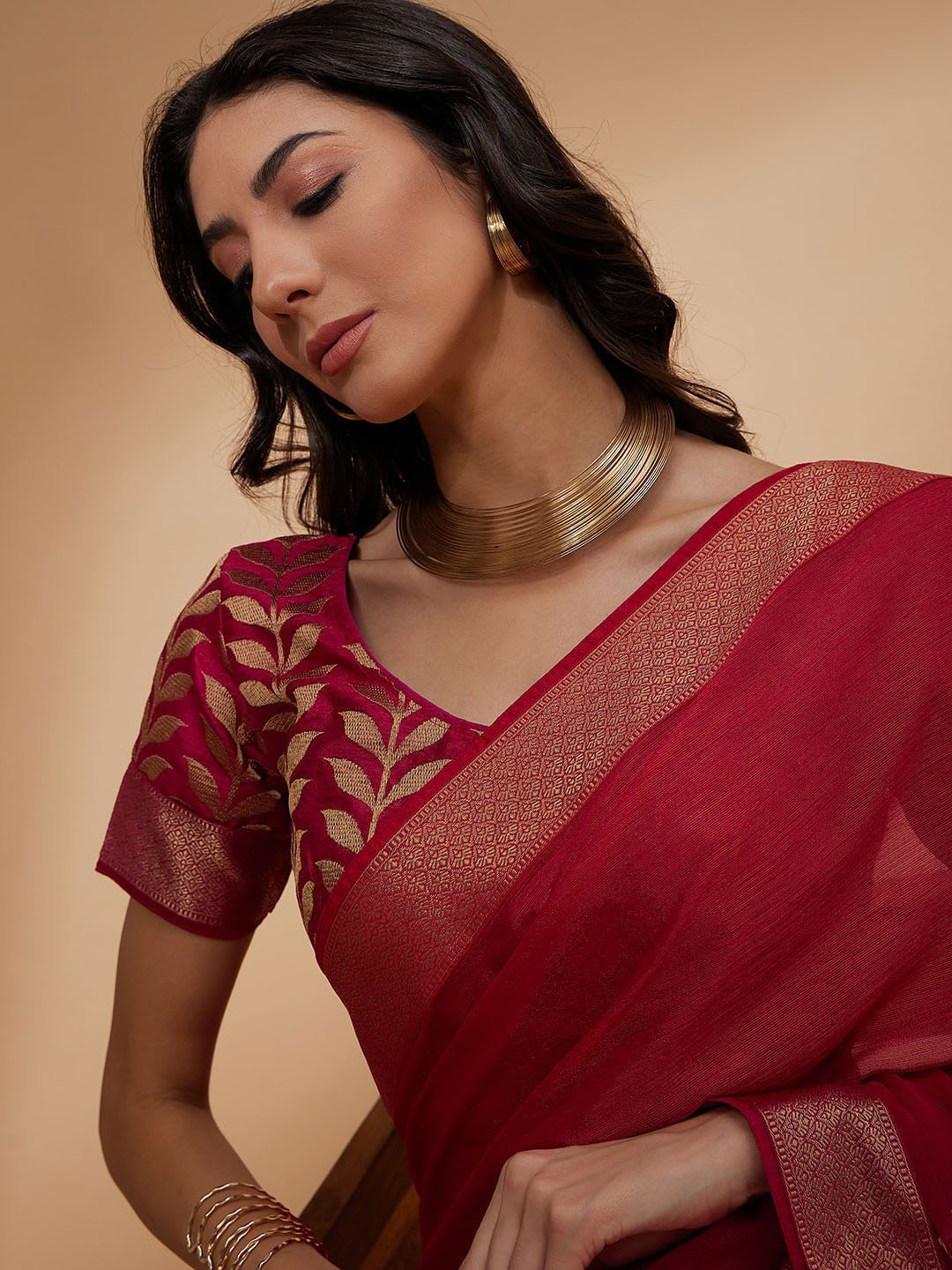all about you Pink Floral Woven Design Zari Detailed Pure Chiffon Saree - left view