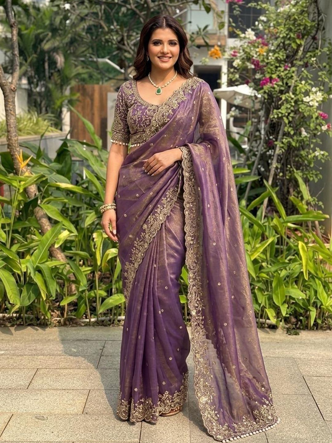 Sangria Embellished Embroidered Sequinned Sarees With Unstitched Blouse Piece - left view